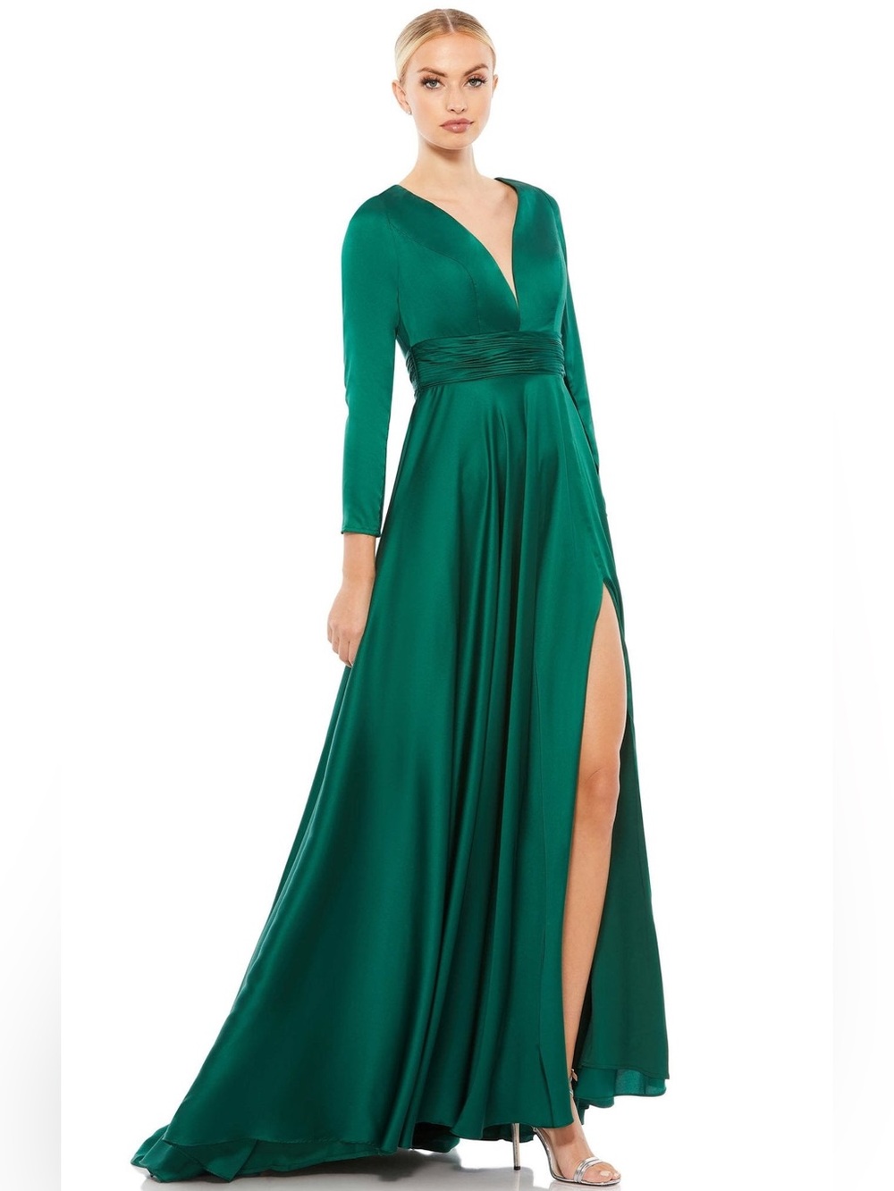 NWT Mac Duggal Emerald Green Long Sleeve Ruched Satin Gown 2 - Picture 9 of 9
